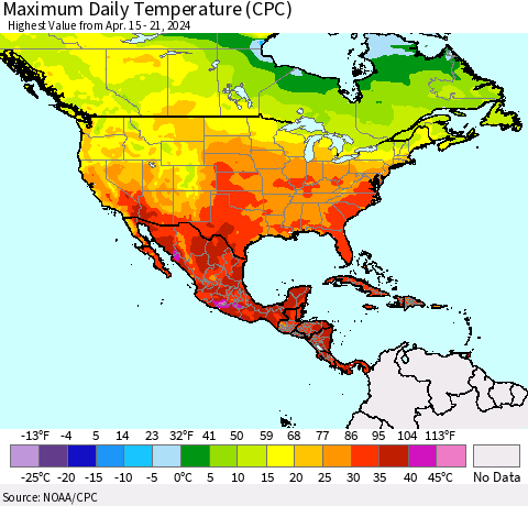 North America Maximum Daily Temperature (CPC) Thematic Map For 4/15/2024 - 4/21/2024