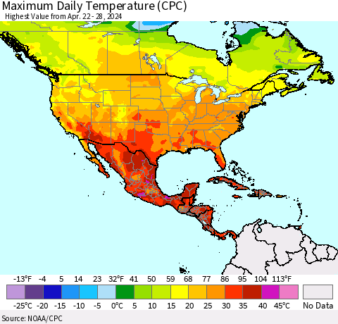 North America Maximum Daily Temperature (CPC) Thematic Map For 4/22/2024 - 4/28/2024