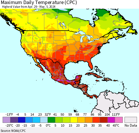 North America Maximum Daily Temperature (CPC) Thematic Map For 4/29/2024 - 5/5/2024