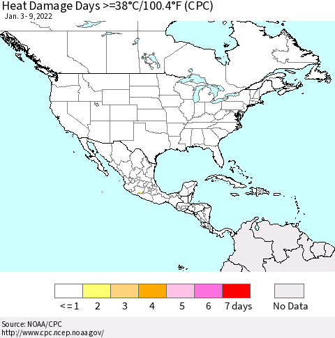 North America Heat Damage Days >=38°C/100°F (CPC) Thematic Map For 1/3/2022 - 1/9/2022