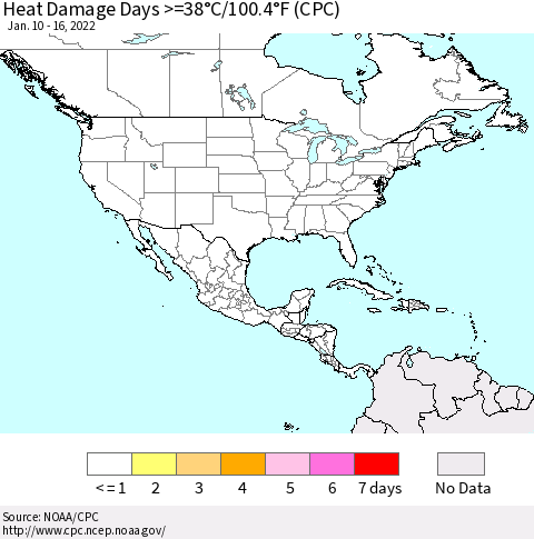 North America Heat Damage Days >=38°C/100°F (CPC) Thematic Map For 1/10/2022 - 1/16/2022