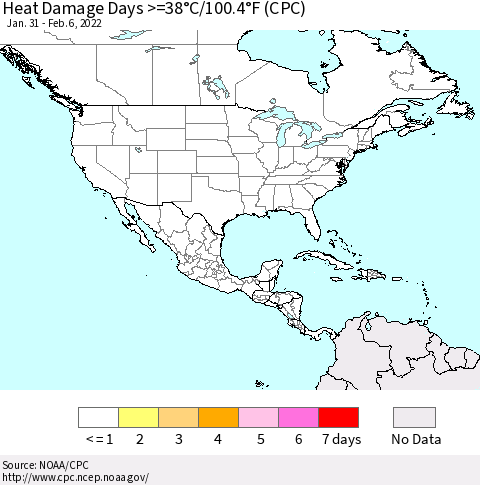 North America Heat Damage Days >=38°C/100°F (CPC) Thematic Map For 1/31/2022 - 2/6/2022