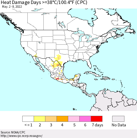 North America Heat Damage Days >=38°C/100°F (CPC) Thematic Map For 5/2/2022 - 5/8/2022