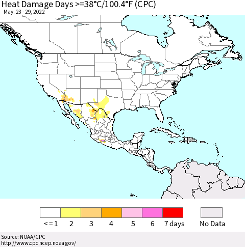 North America Heat Damage Days >=38°C/100°F (CPC) Thematic Map For 5/23/2022 - 5/29/2022