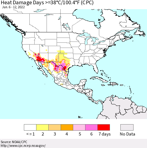 North America Heat Damage Days >=38°C/100°F (CPC) Thematic Map For 6/6/2022 - 6/12/2022