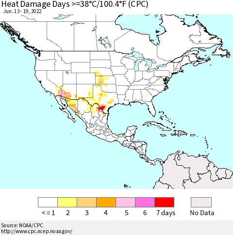 North America Heat Damage Days >=38°C/100°F (CPC) Thematic Map For 6/13/2022 - 6/19/2022