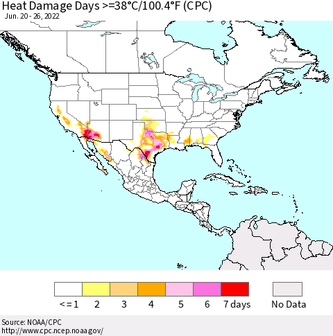 North America Heat Damage Days >=38°C/100°F (CPC) Thematic Map For 6/20/2022 - 6/26/2022