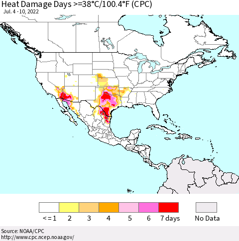 North America Heat Damage Days >=38°C/100°F (CPC) Thematic Map For 7/4/2022 - 7/10/2022