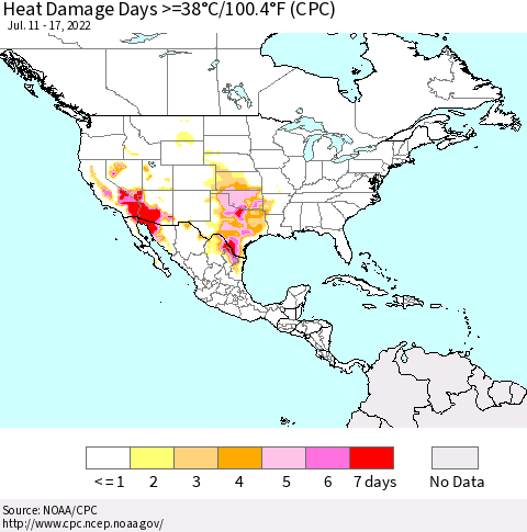 North America Heat Damage Days >=38°C/100°F (CPC) Thematic Map For 7/11/2022 - 7/17/2022