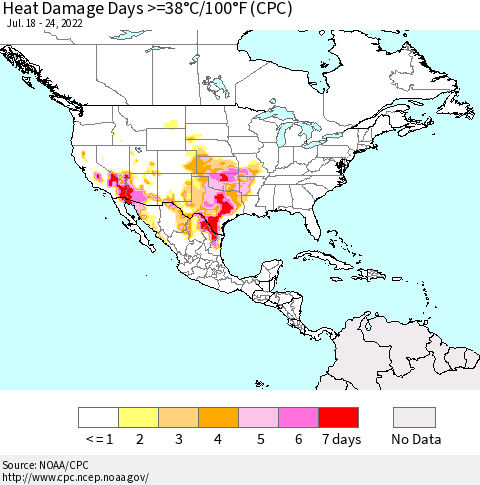 North America Heat Damage Days >=38°C/100°F (CPC) Thematic Map For 7/18/2022 - 7/24/2022