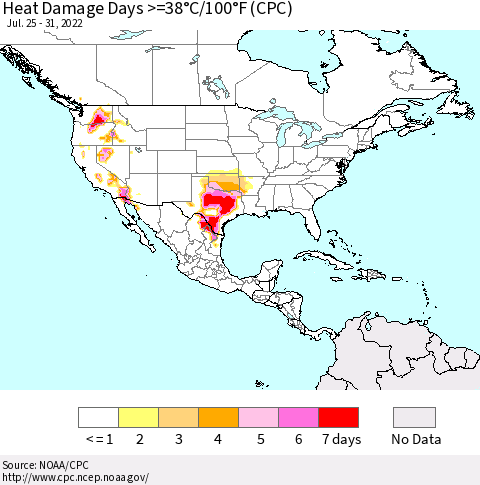 North America Heat Damage Days >=38°C/100°F (CPC) Thematic Map For 7/25/2022 - 7/31/2022