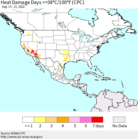 North America Heat Damage Days >=38°C/100°F (CPC) Thematic Map For 8/15/2022 - 8/21/2022