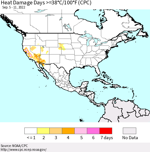 North America Heat Damage Days >=38°C/100°F (CPC) Thematic Map For 9/5/2022 - 9/11/2022