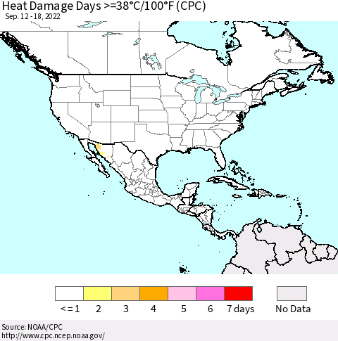 North America Heat Damage Days >=38°C/100°F (CPC) Thematic Map For 9/12/2022 - 9/18/2022