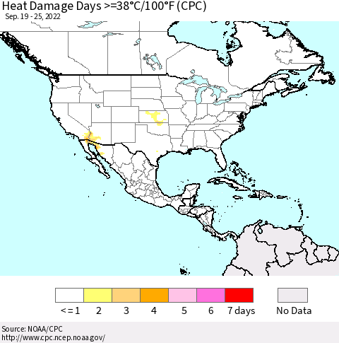 North America Heat Damage Days >=38°C/100°F (CPC) Thematic Map For 9/19/2022 - 9/25/2022