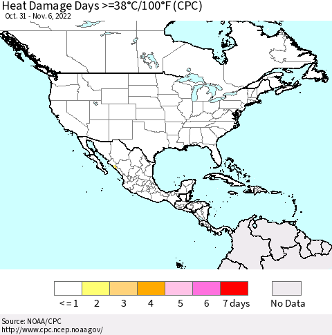 North America Heat Damage Days >=38°C/100°F (CPC) Thematic Map For 10/31/2022 - 11/6/2022