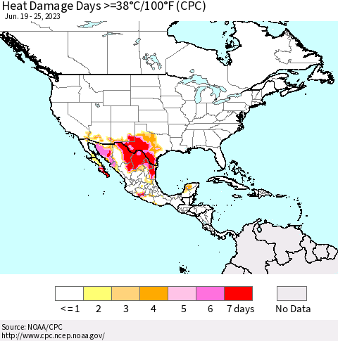 North America Heat Damage Days >=38°C/100°F (CPC) Thematic Map For 6/19/2023 - 6/25/2023