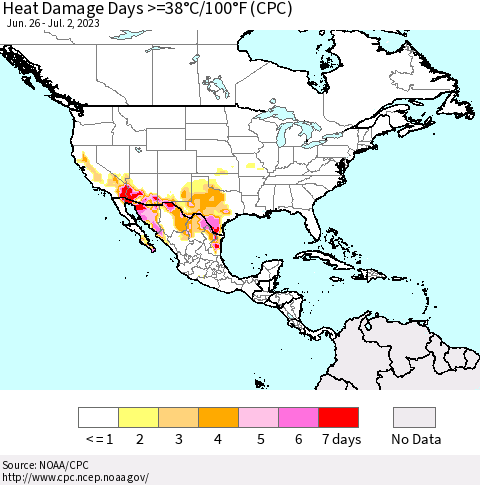 North America Heat Damage Days >=38°C/100°F (CPC) Thematic Map For 6/26/2023 - 7/2/2023