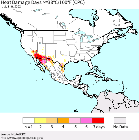 North America Heat Damage Days >=38°C/100°F (CPC) Thematic Map For 7/3/2023 - 7/9/2023