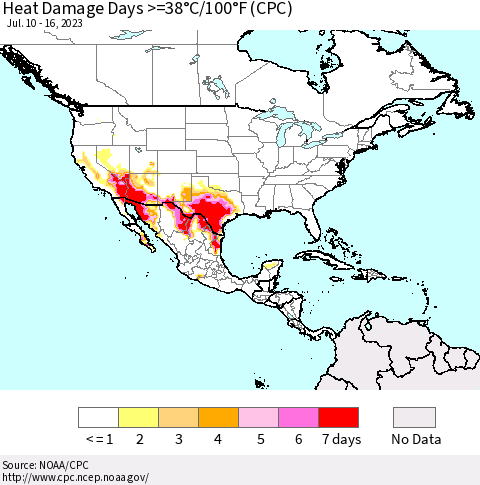 North America Heat Damage Days >=38°C/100°F (CPC) Thematic Map For 7/10/2023 - 7/16/2023