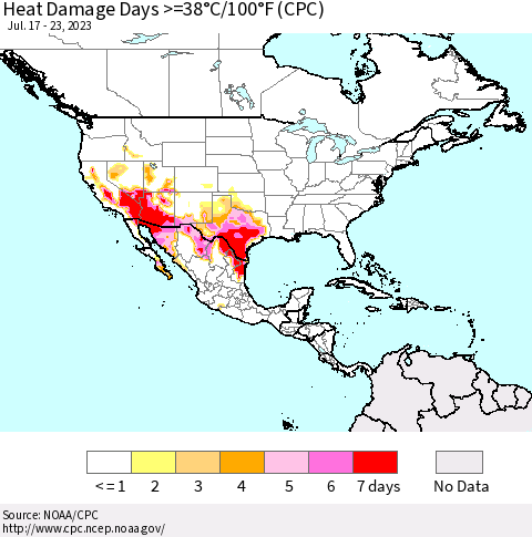 North America Heat Damage Days >=38°C/100°F (CPC) Thematic Map For 7/17/2023 - 7/23/2023