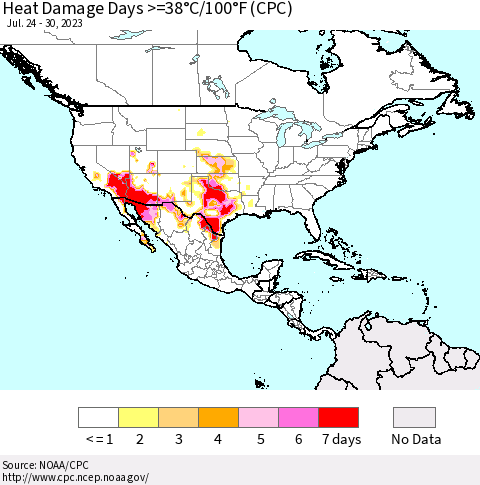 North America Heat Damage Days >=38°C/100°F (CPC) Thematic Map For 7/24/2023 - 7/30/2023