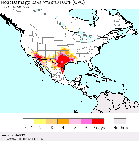 North America Heat Damage Days >=38°C/100°F (CPC) Thematic Map For 7/31/2023 - 8/6/2023