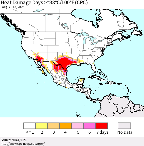 North America Heat Damage Days >=38°C/100°F (CPC) Thematic Map For 8/7/2023 - 8/13/2023