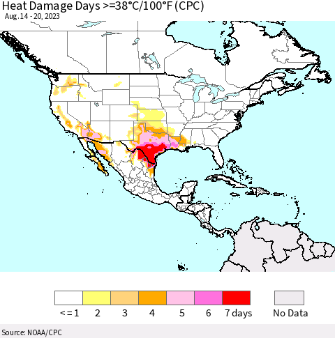 North America Heat Damage Days >=38°C/100°F (CPC) Thematic Map For 8/14/2023 - 8/20/2023