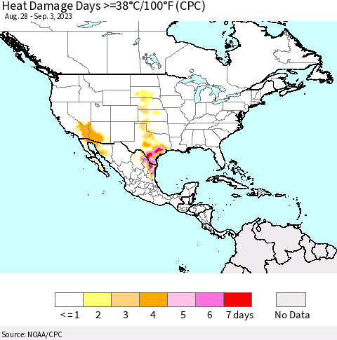North America Heat Damage Days >=38°C/100°F (CPC) Thematic Map For 8/28/2023 - 9/3/2023