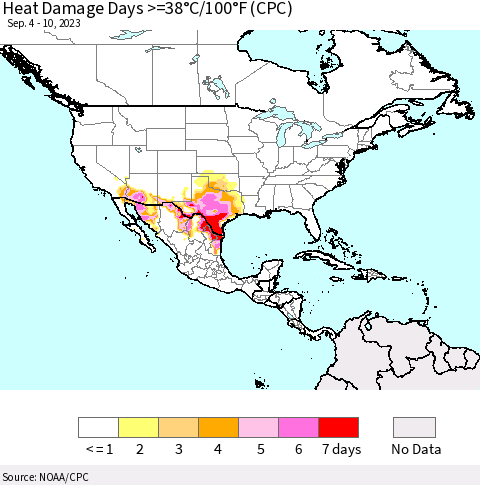 North America Heat Damage Days >=38°C/100°F (CPC) Thematic Map For 9/4/2023 - 9/10/2023