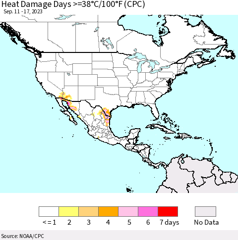 North America Heat Damage Days >=38°C/100°F (CPC) Thematic Map For 9/11/2023 - 9/17/2023
