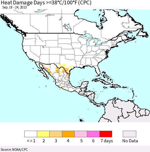 North America Heat Damage Days >=38°C/100°F (CPC) Thematic Map For 9/18/2023 - 9/24/2023