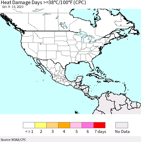 North America Heat Damage Days >=38°C/100°F (CPC) Thematic Map For 10/9/2023 - 10/15/2023