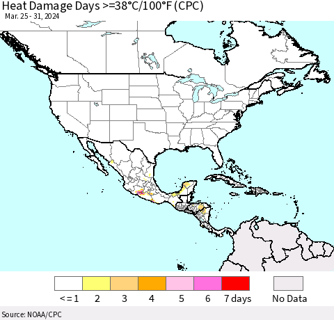 North America Heat Damage Days >=38°C/100°F (CPC) Thematic Map For 3/25/2024 - 3/31/2024