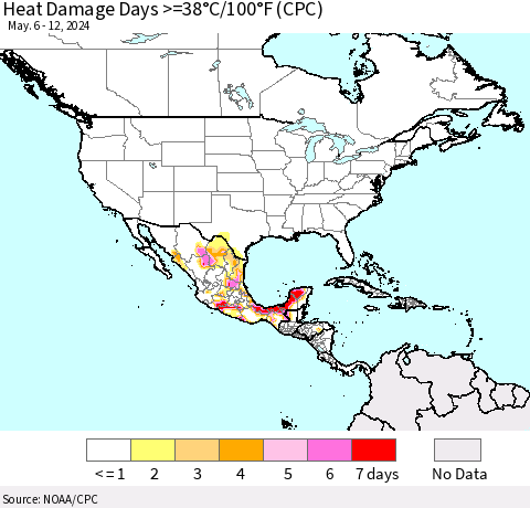 North America Heat Damage Days >=38°C/100°F (CPC) Thematic Map For 5/6/2024 - 5/12/2024