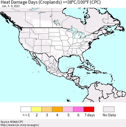 North America Heat Damage Days (Croplands) >=38°C/100°F (CPC) Thematic Map For 1/3/2022 - 1/9/2022