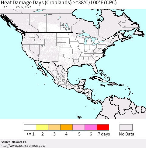 North America Heat Damage Days (Croplands) >=38°C/100°F (CPC) Thematic Map For 1/31/2022 - 2/6/2022