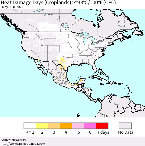 North America Heat Damage Days (Croplands) >=38°C/100°F (CPC) Thematic Map For 5/2/2022 - 5/8/2022