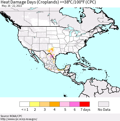 North America Heat Damage Days (Croplands) >=38°C/100°F (CPC) Thematic Map For 5/16/2022 - 5/22/2022