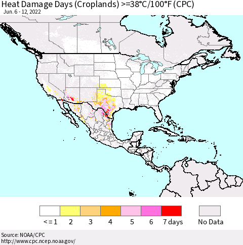 North America Heat Damage Days (Croplands) >=38°C/100°F (CPC) Thematic Map For 6/6/2022 - 6/12/2022