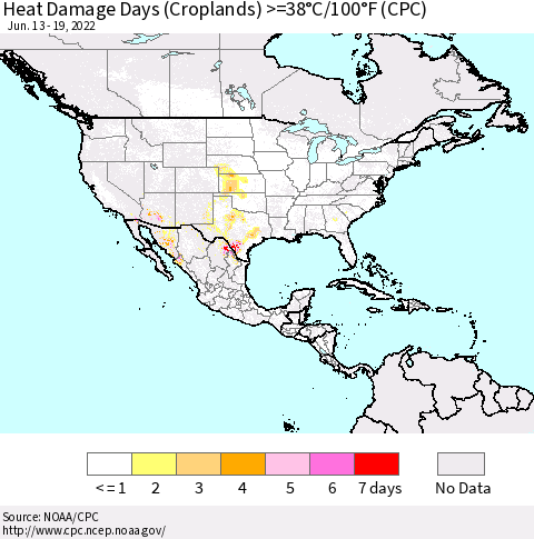 North America Heat Damage Days (Croplands) >=38°C/100°F (CPC) Thematic Map For 6/13/2022 - 6/19/2022
