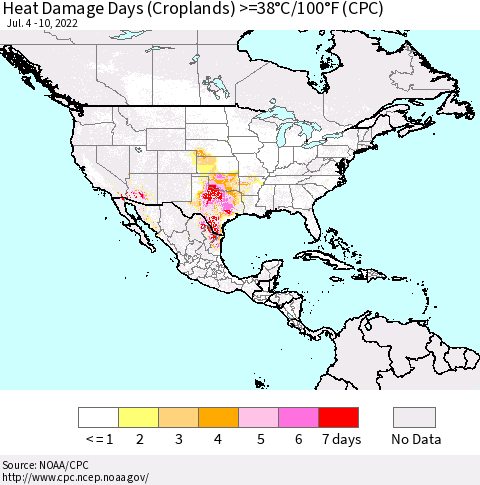 North America Heat Damage Days (Croplands) >=38°C/100°F (CPC) Thematic Map For 7/4/2022 - 7/10/2022