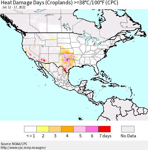 North America Heat Damage Days (Croplands) >=38°C/100°F (CPC) Thematic Map For 7/11/2022 - 7/17/2022