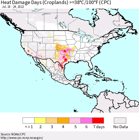 North America Heat Damage Days (Croplands) >=38°C/100°F (CPC) Thematic Map For 7/18/2022 - 7/24/2022