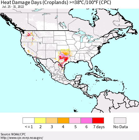 North America Heat Damage Days (Croplands) >=38°C/100°F (CPC) Thematic Map For 7/25/2022 - 7/31/2022