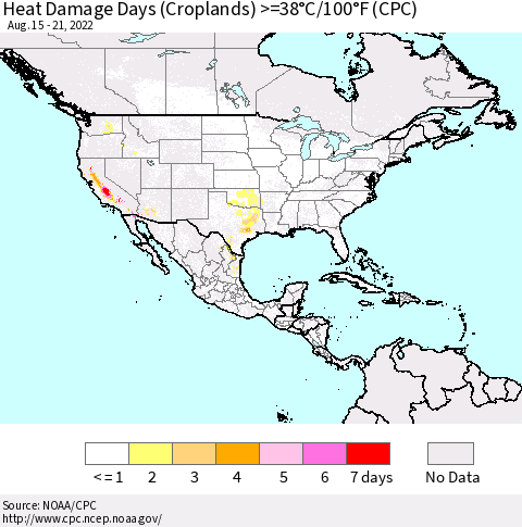 North America Heat Damage Days (Croplands) >=38°C/100°F (CPC) Thematic Map For 8/15/2022 - 8/21/2022