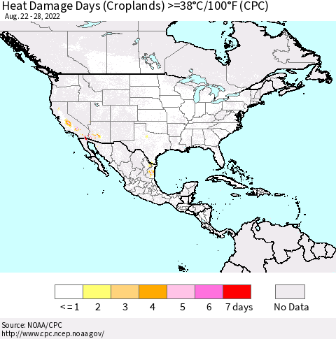 North America Heat Damage Days (Croplands) >=38°C/100°F (CPC) Thematic Map For 8/22/2022 - 8/28/2022