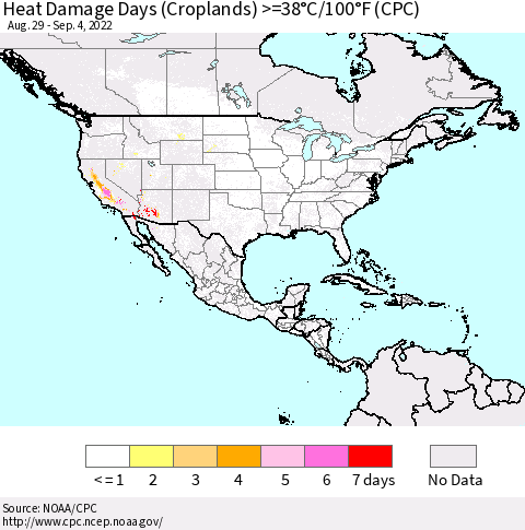 North America Heat Damage Days (Croplands) >=38°C/100°F (CPC) Thematic Map For 8/29/2022 - 9/4/2022