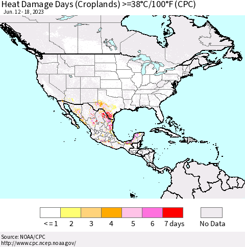 North America Heat Damage Days (Croplands) >=38°C/100°F (CPC) Thematic Map For 6/12/2023 - 6/18/2023
